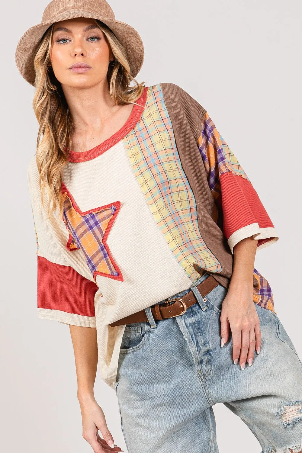 SAGE   FIG Plaid Color Block Star Patch Oversized Top