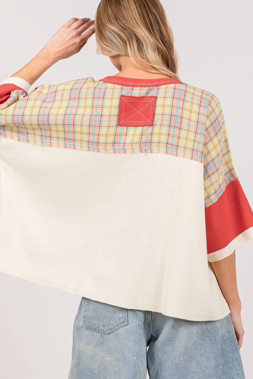 SAGE   FIG Plaid Color Block Star Patch Oversized Top