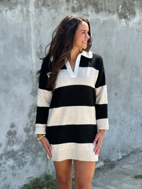 Sanctuary Polo Striped Sweater Dress in Heather Pearl W/ Black Professional Cut Soft Inner Lining