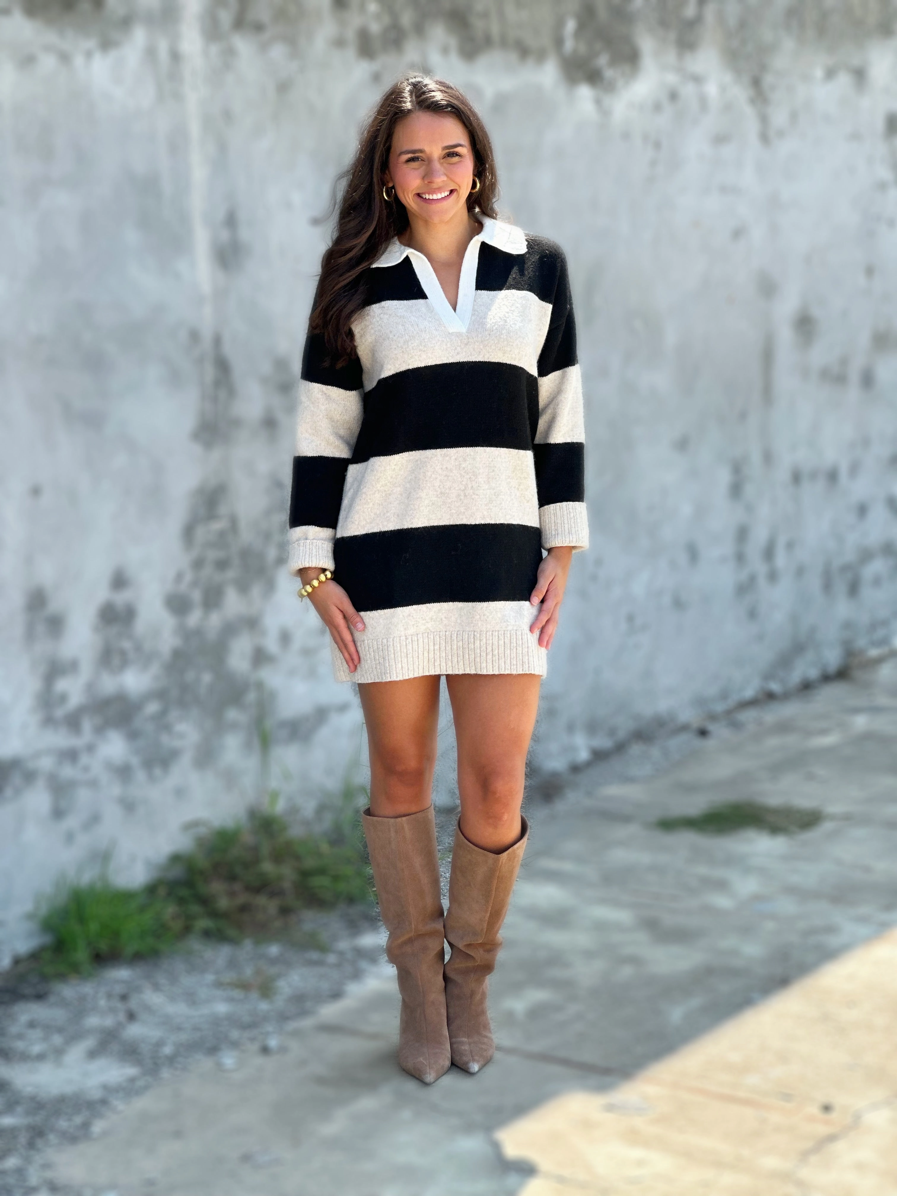 Yarn Dyed Stripes Sanctuary Polo Striped Sweater Dress in Heather Pearl W/ Black