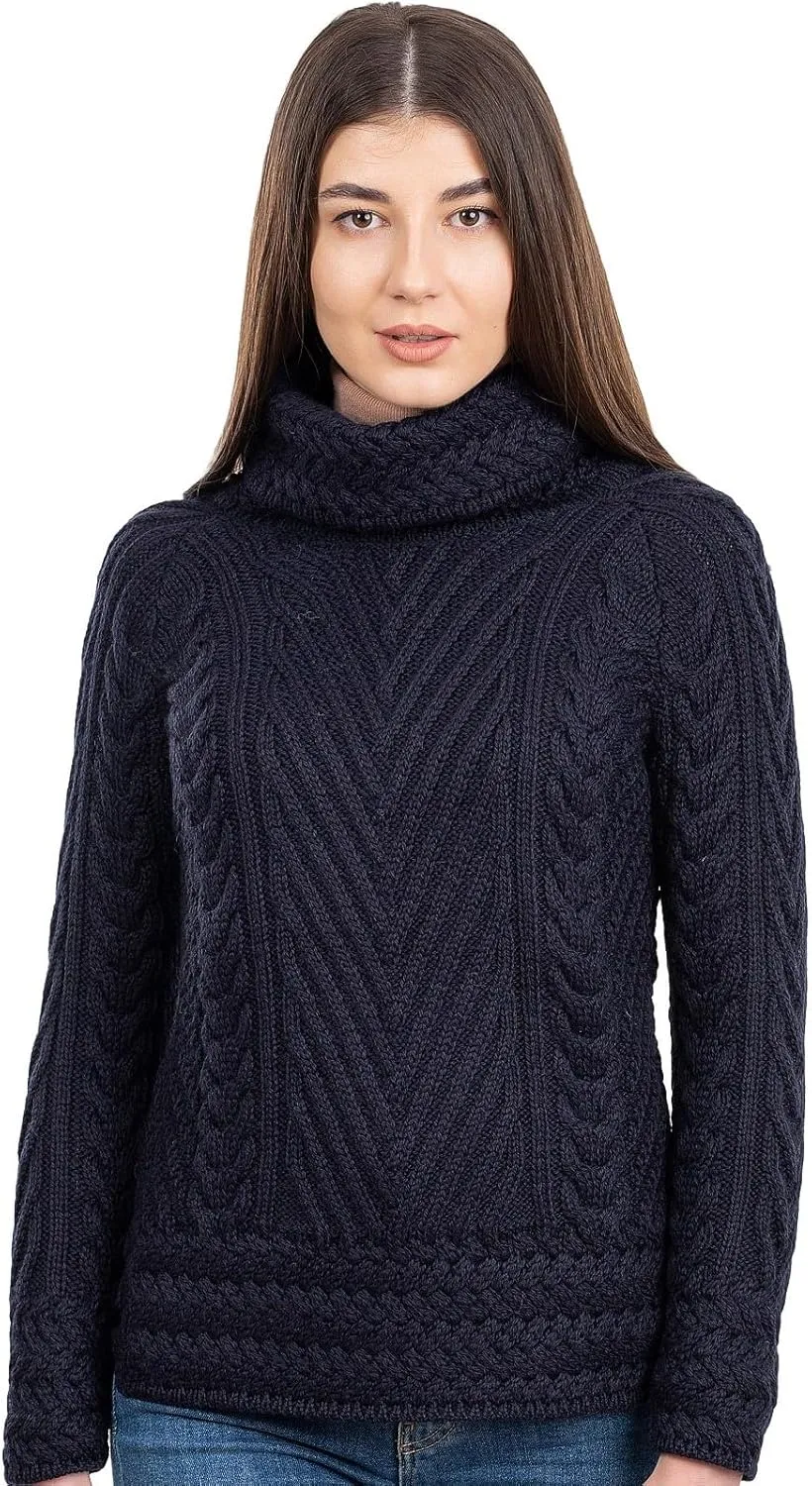SAOL Ladies Turtleneck Ribbed Irish Cable Knit Sweater