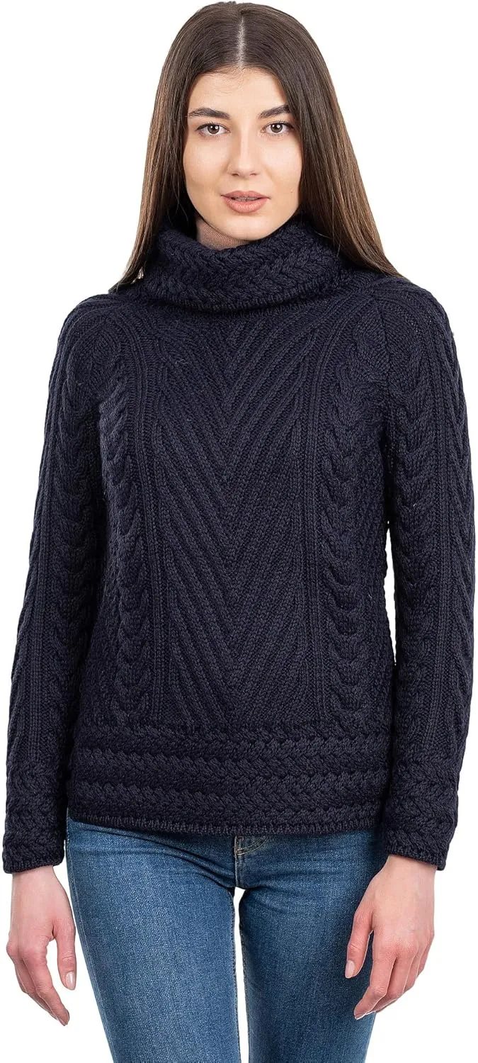 SAOL Ladies Turtleneck Ribbed Irish Cable Knit Sweater