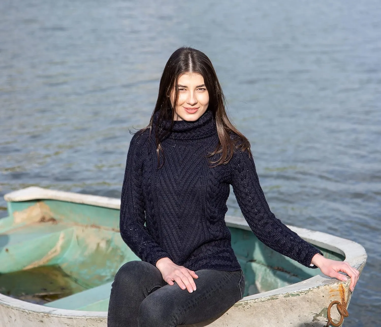 SAOL Ladies Turtleneck Ribbed Irish Cable Knit Sweater