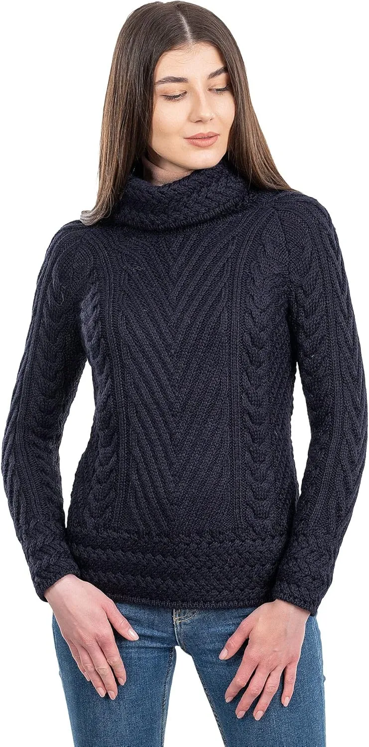 SAOL Ladies Turtleneck Ribbed Irish Cable Knit Sweater