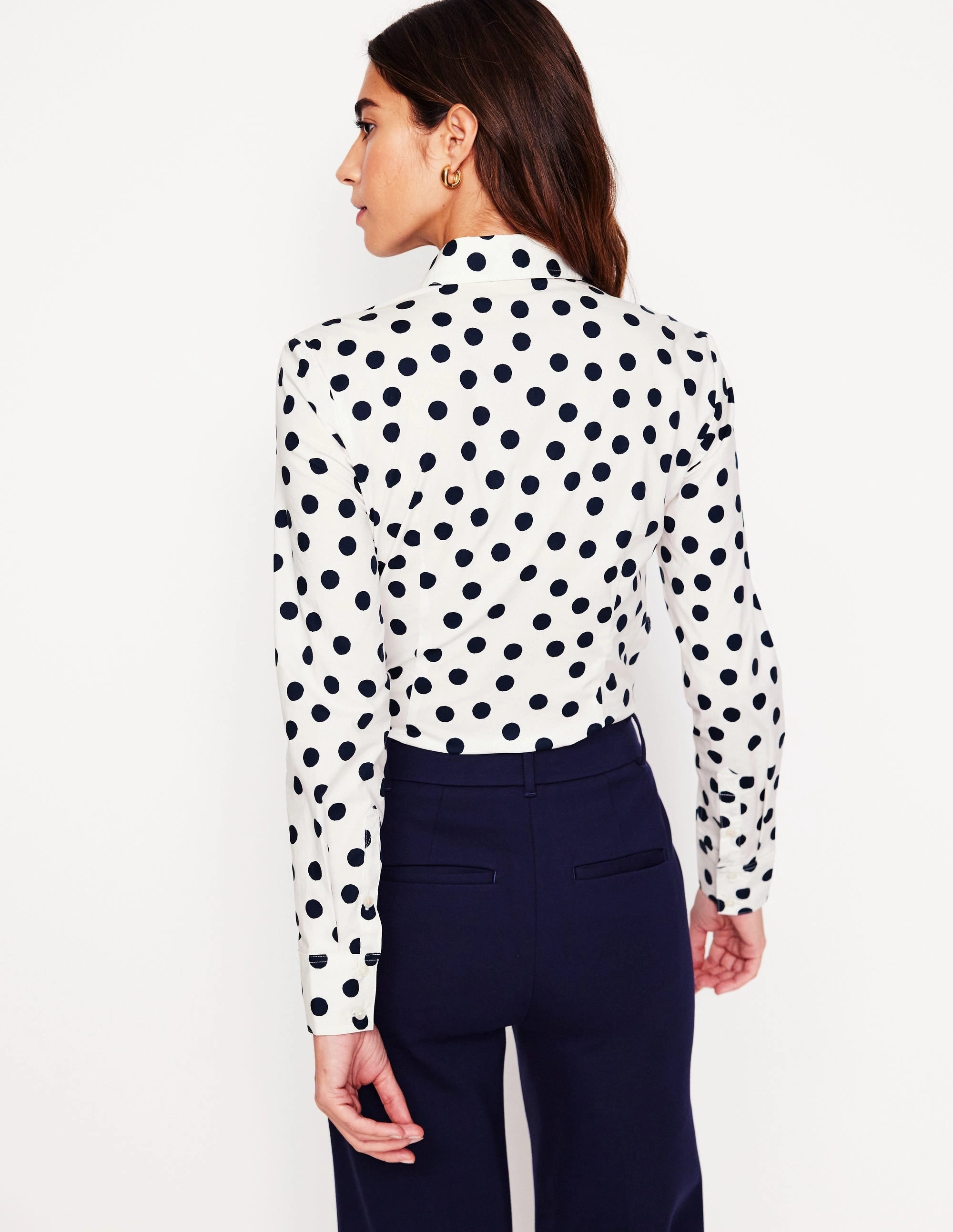 Saskia Stretch Cotton Shirt-Ivory and Navy, Abstract Dot Breathable Lining Non Chafing Side Seams