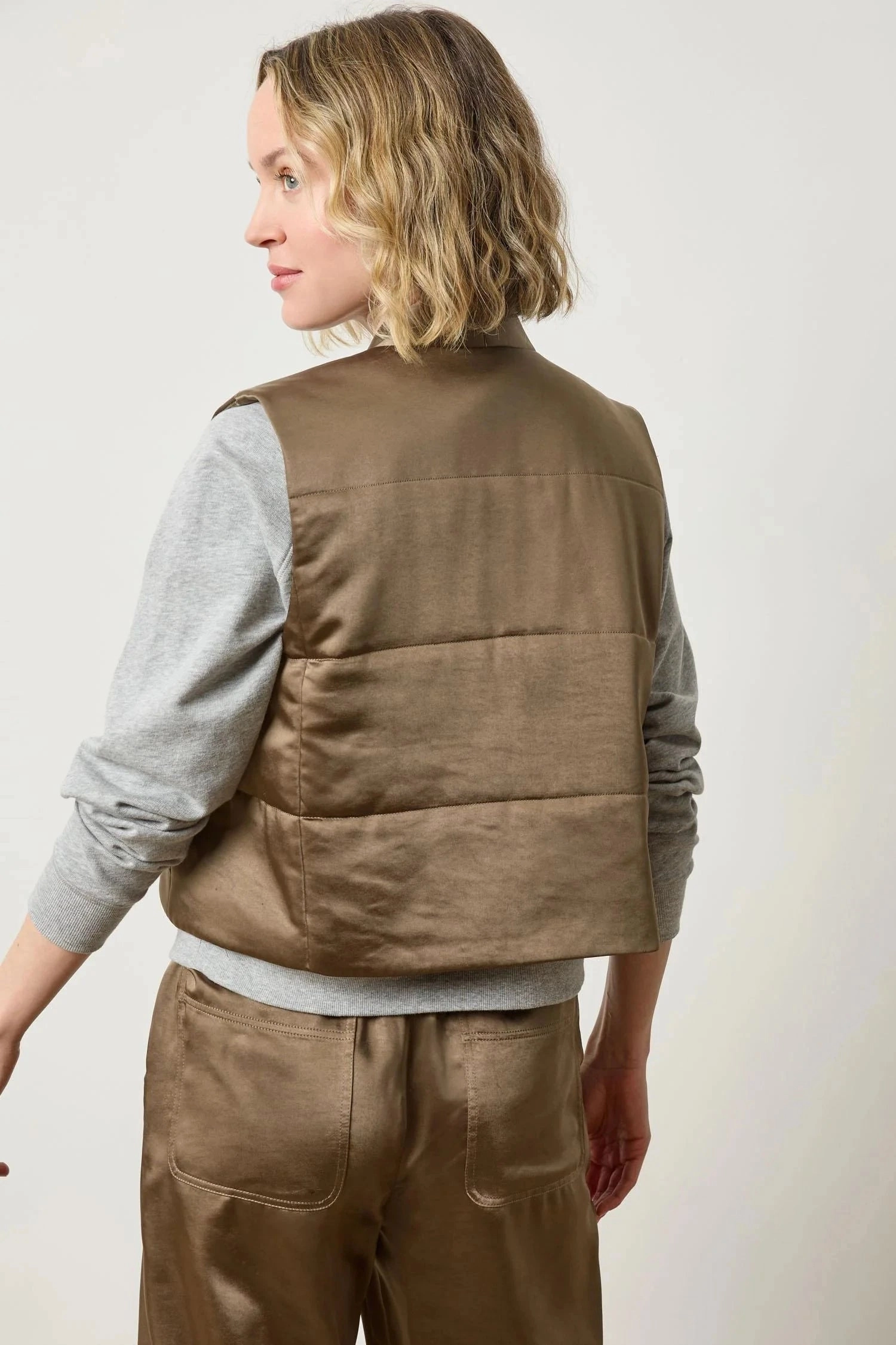 Satin Quilted Vest Parsley Stand Collar Multi Panel Construction