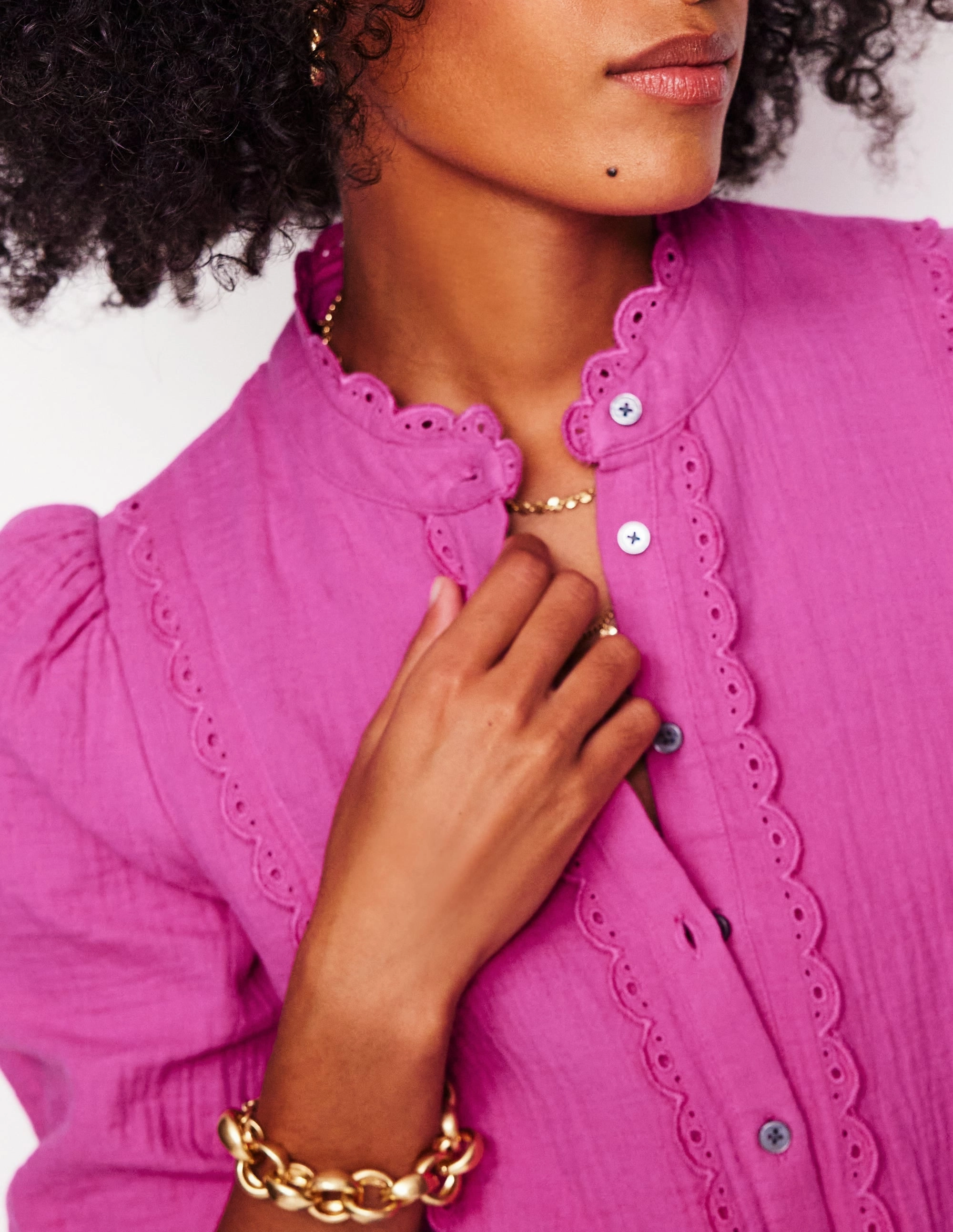 Non Irritating Seam Finish Double Chest Pocket Scallop Double Cloth Top-Cosmos Pink