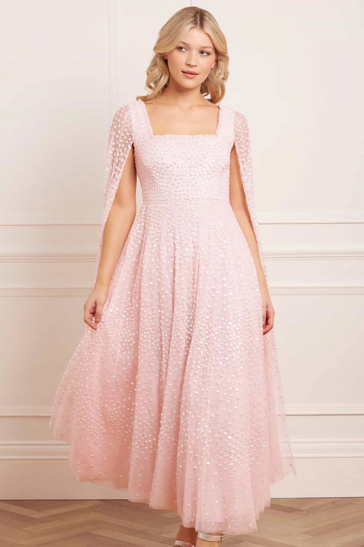 Mix-And-Match Scatter Dot Cape Sleeve Ankle Gown