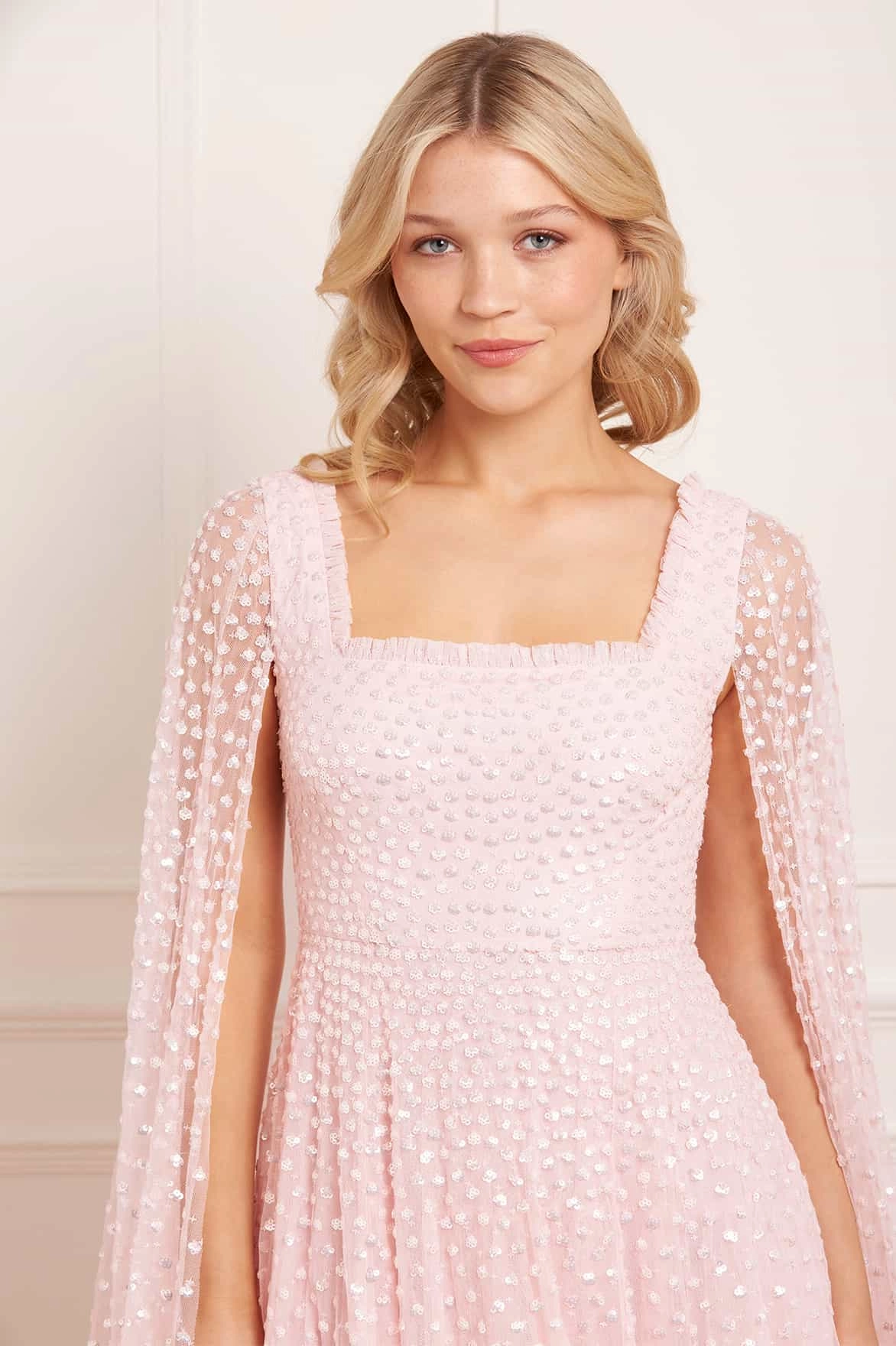 PlushLining Rose Flush Scatter Dot Cape Sleeve Ankle Gown