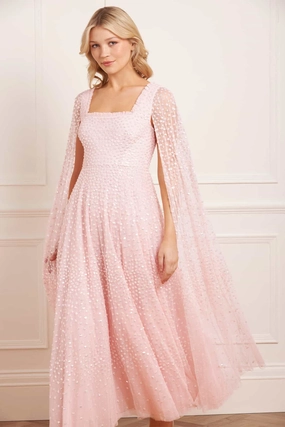 Sleek Waist Design Fit Spring Flow Scatter Dot Cape Sleeve Ankle Gown