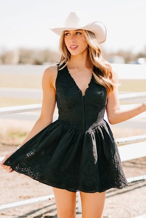 Earth Colors Tonal-Panel Scene Stealer Sleeveless Lace Mini Dress (Black)