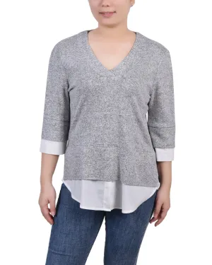 Ribbed Collar Style Petite Long Sleeve 2-In 1 Top