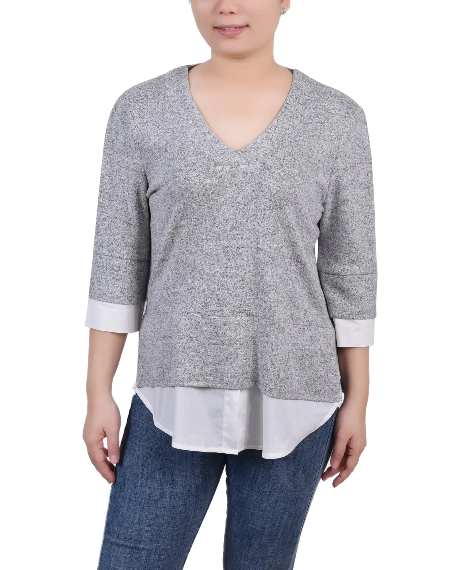 Petite Long Sleeve 2-In 1 Top Casual Fit