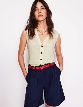 V-Neck Linen Waistcoat-Warm Ivory Lattice Pattern