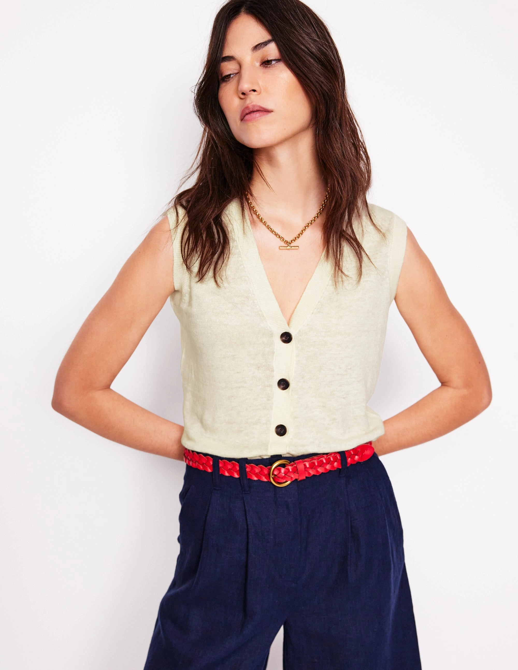 V-Neck Linen Waistcoat-Warm Ivory Interlock Knit Body Daily Layer