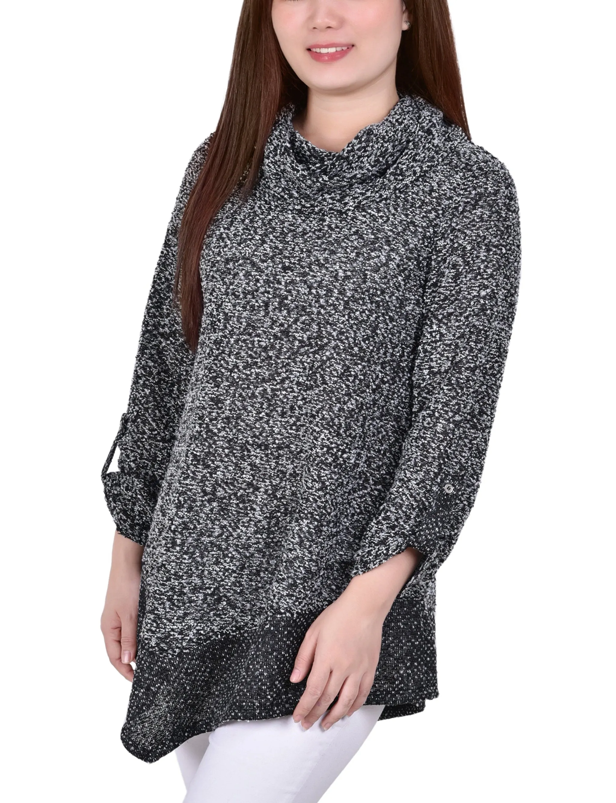 Petite Long Roll Tab Sleeve Nubby Cowl Neck Top FasteningHood