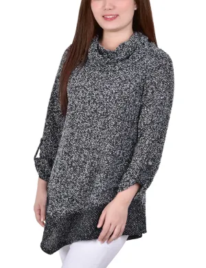 Petite Long Roll Tab Sleeve Nubby Cowl Neck Top FasteningHood