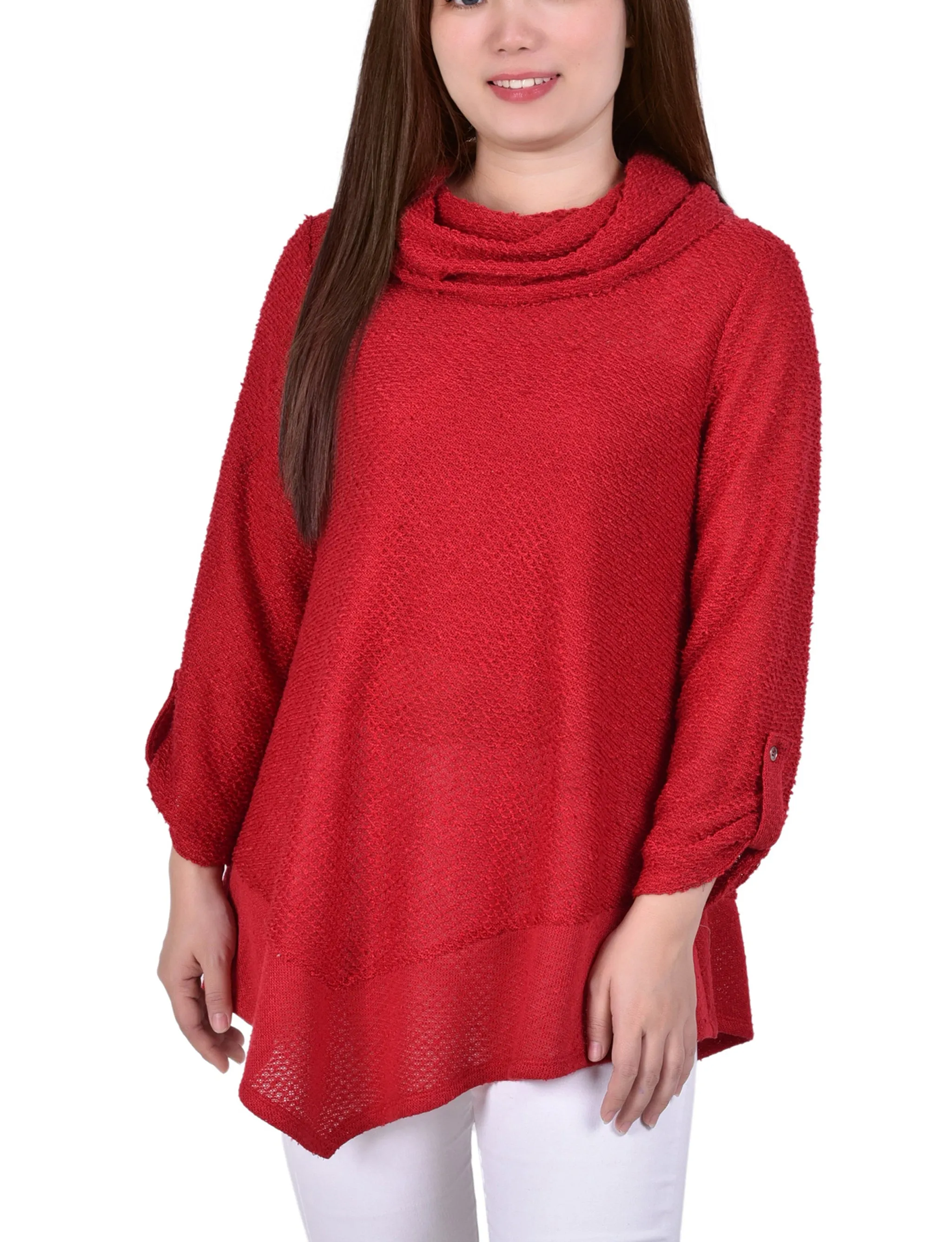 Overlock Edging Elegant Blouse Petite Long Roll Tab Sleeve Nubby Cowl Neck Top