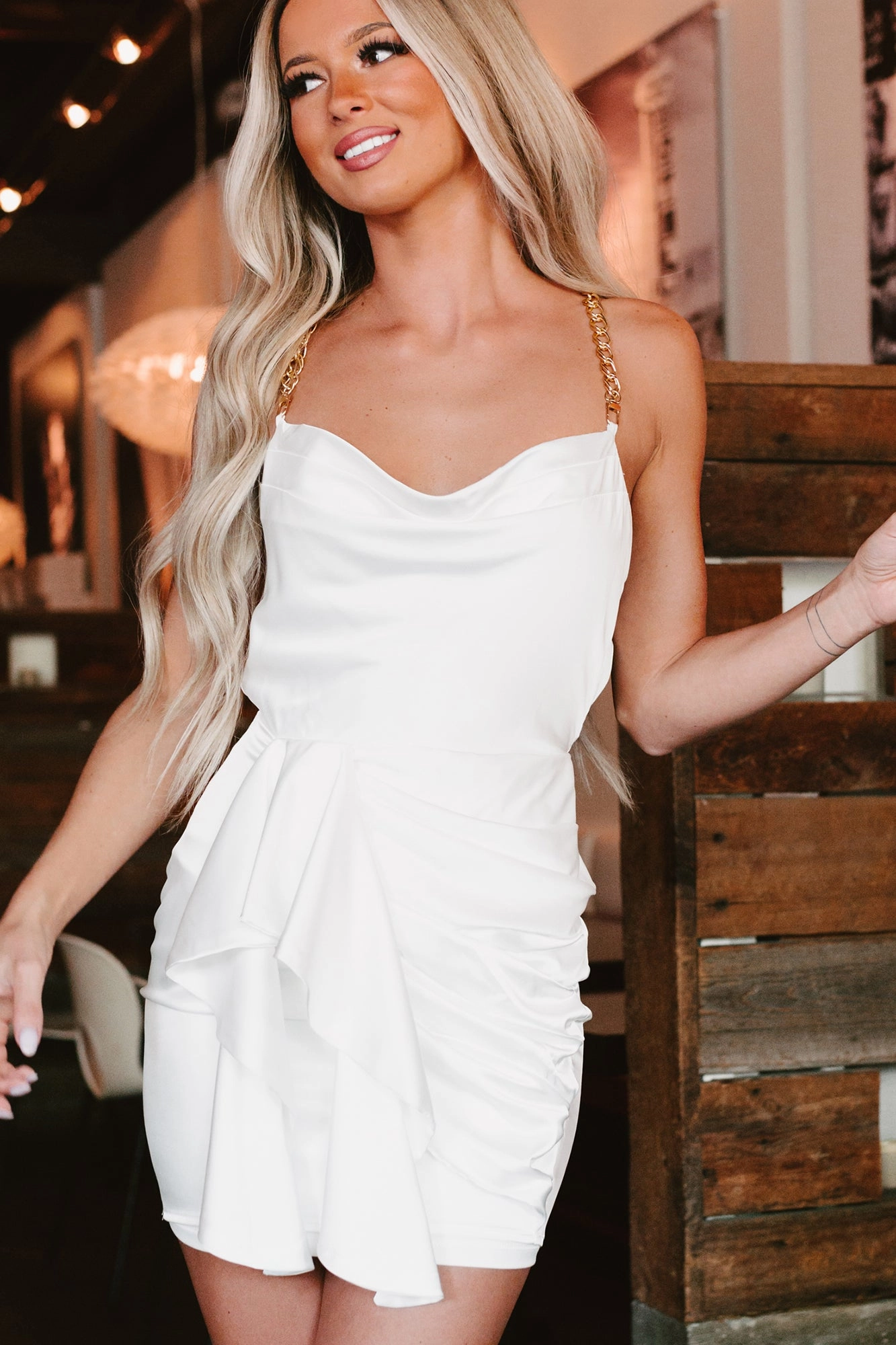 Make It Official Satin Chain Strap Mini Dress (White) Four Way Stretch Bonded Seam Construction