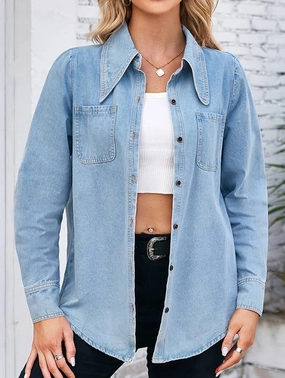 DENIM LONG SLEEVED SHIRT TOP_CWTSTL1055 Anti Static Cloth Blend Non Slip Shoulder Seams