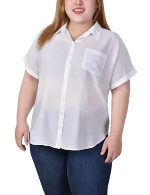 SeamlessConstruction SmoothZipper Plus Size Short Sleeve Woven Front/Jersey Back Top