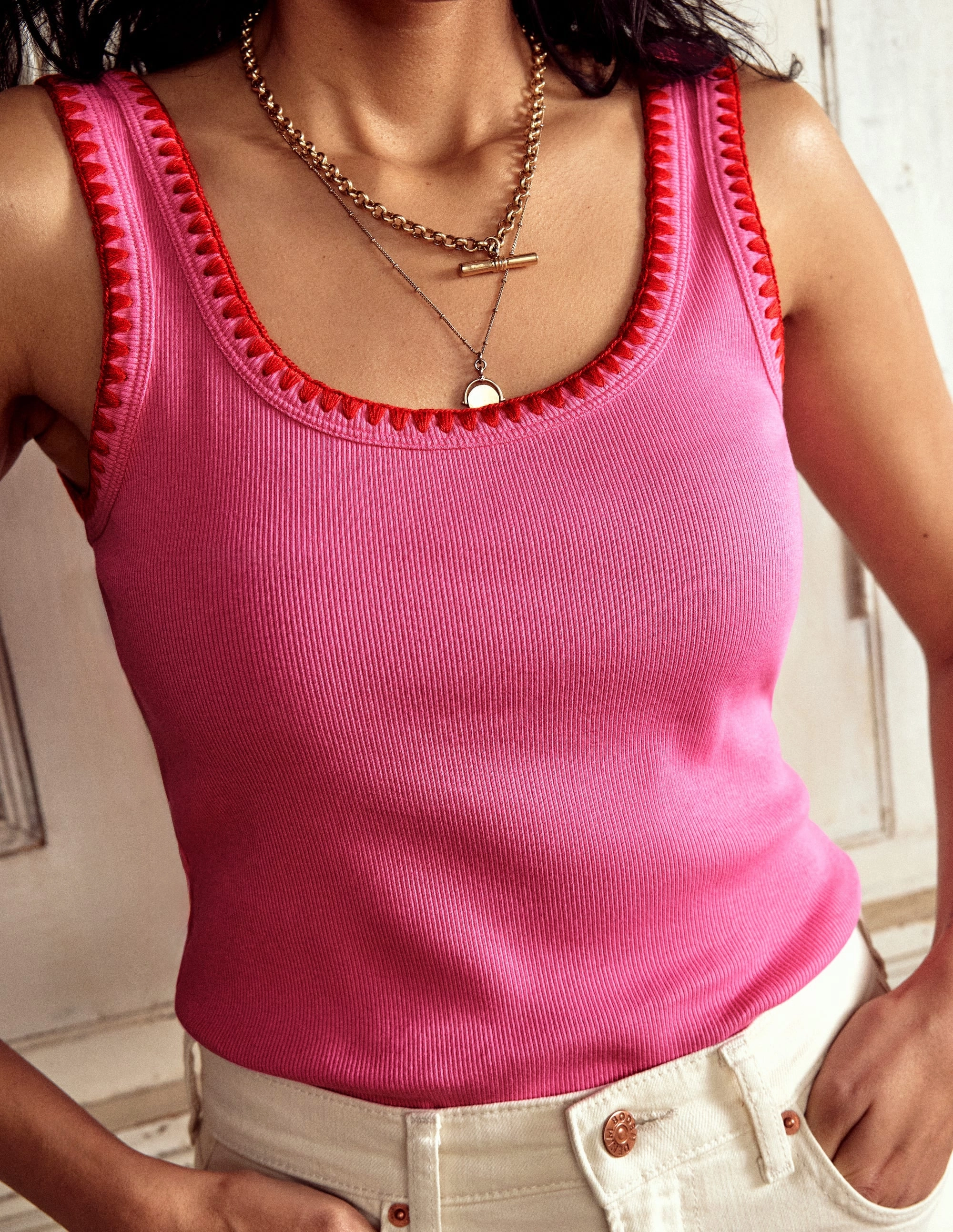 Crochet Trim Scoop Neck Vest-Pink FlatlockSeams Recycled Polyester