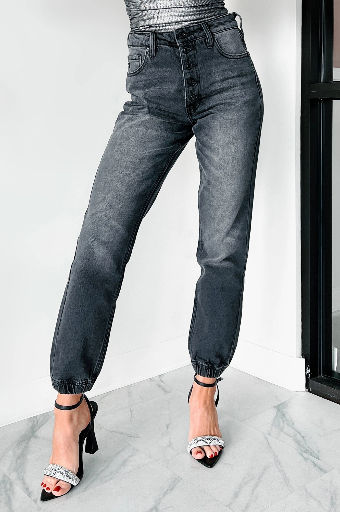Sean High Rise Button Fly Kancan Jogger Jeans (Grey) Adjustable drawstring Elegant Look