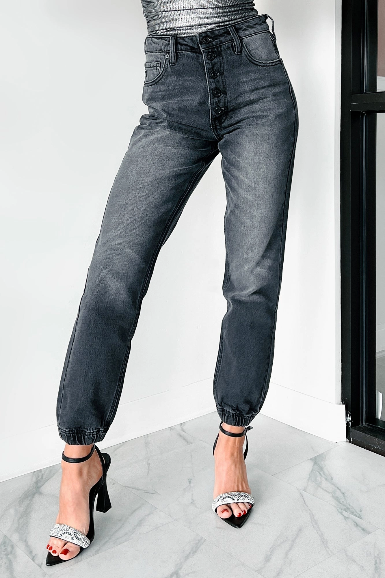 StaticResistantFabric Sean High Rise Button Fly Kancan Jogger Jeans (Grey)
