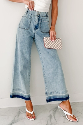 Lola Dyed Hem Wide Leg Crop Jeans (Denim) Lounge-friendly Fashion Fit