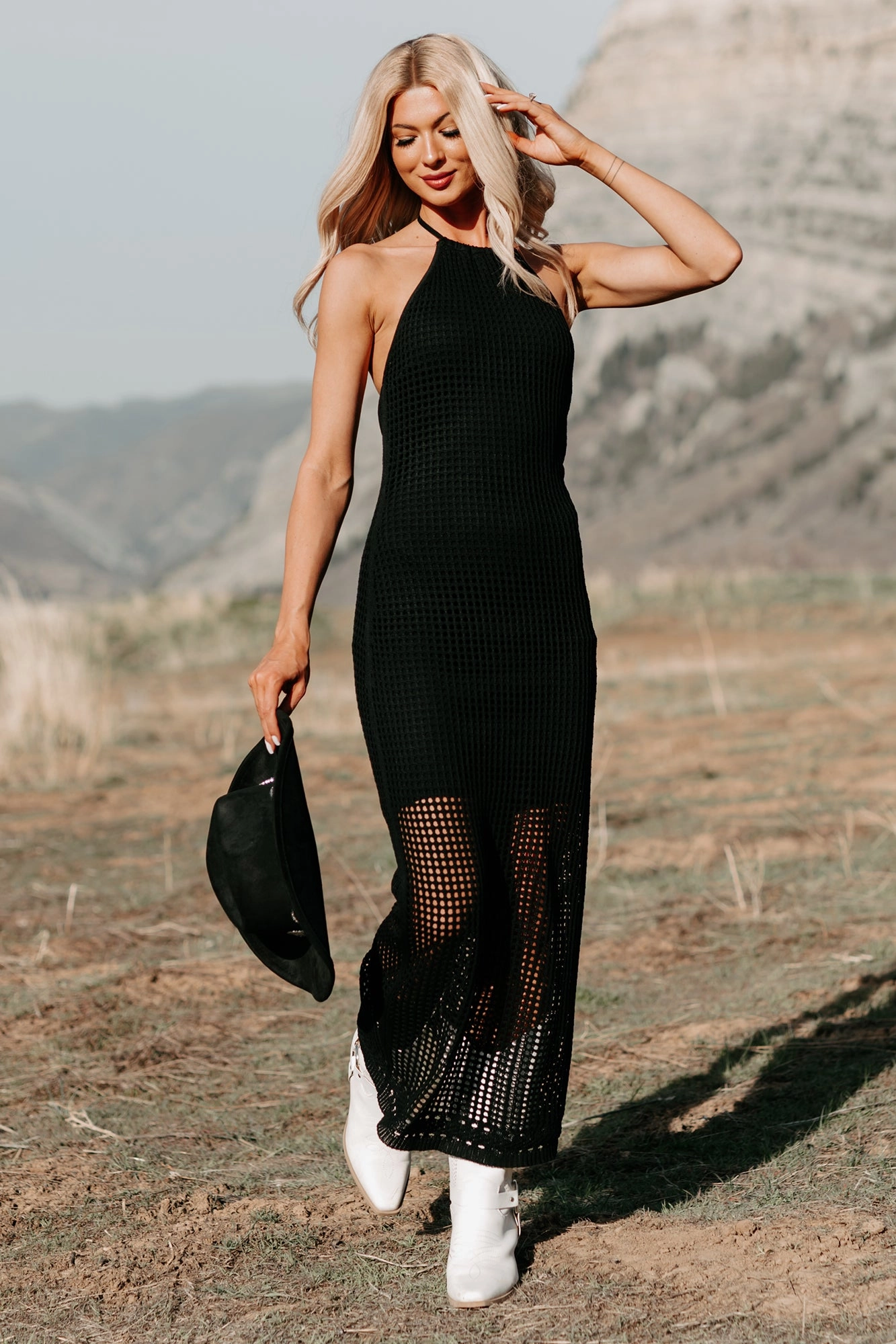 Seeking Peace Halter Crochet Midi Dress (Black) Timeless Waist Fit Modest Light