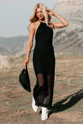 Seeking Peace Halter Crochet Midi Dress (Black) Modern and Feminine