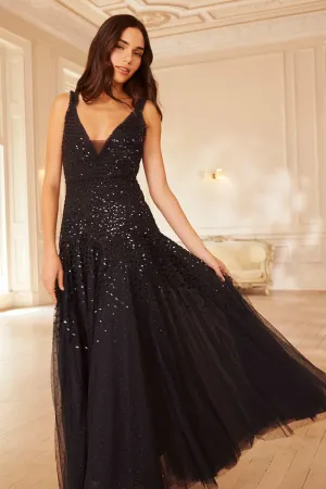 Delicate Touch Sequin Cascade Cami Plunge Gown