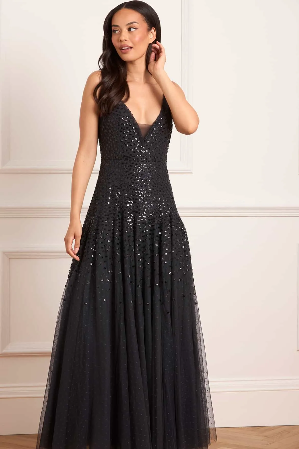 Sequin Cascade Cami Plunge Gown Smile Soft