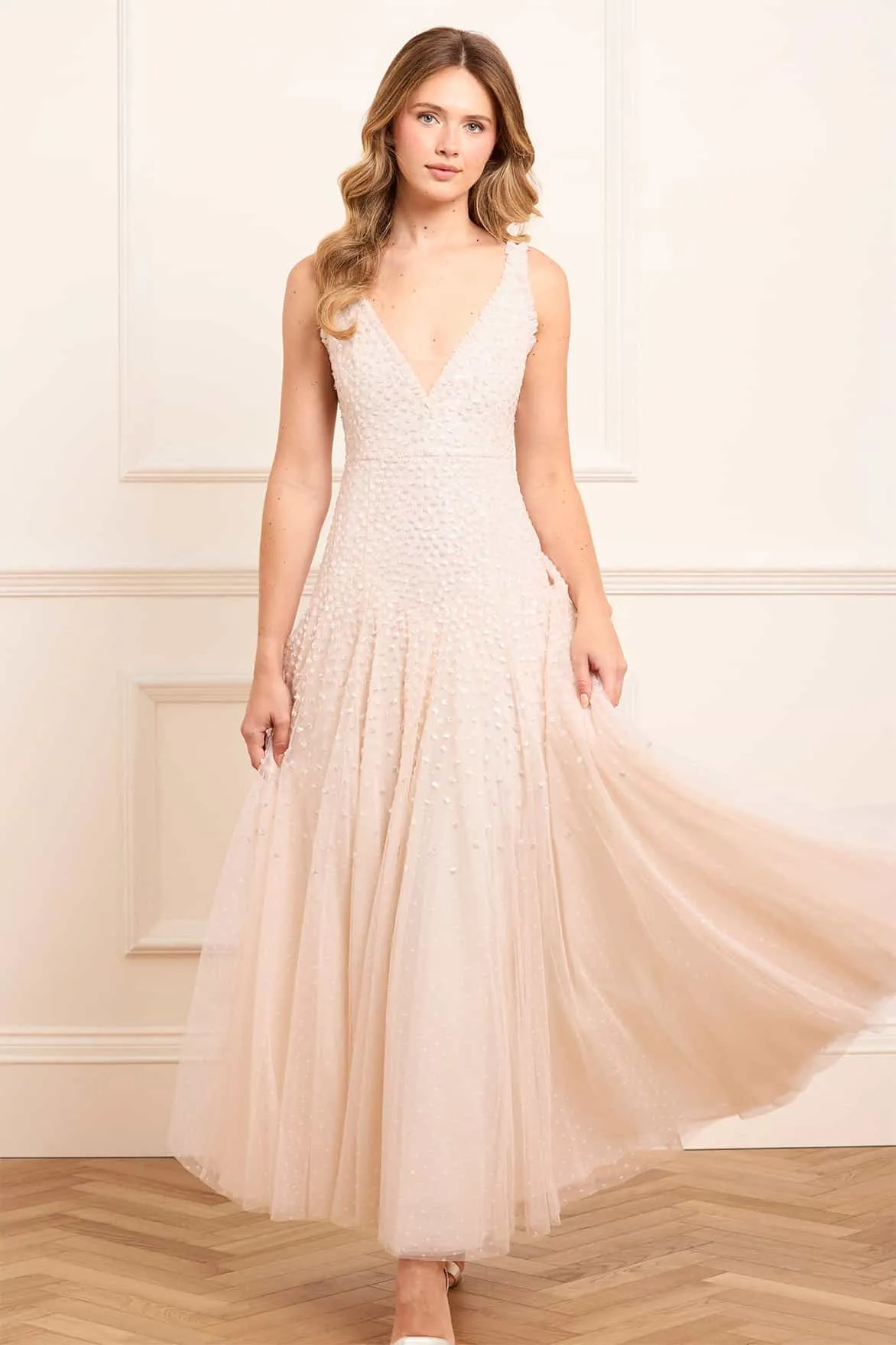 Sequin Cascade Cami Plunge Gown Satin Soft