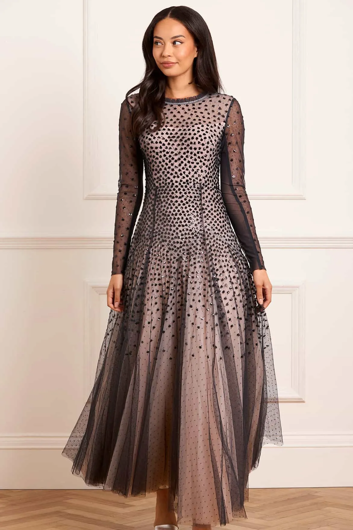 Sequin Cascade Round Neck Gown plus-size London Edge