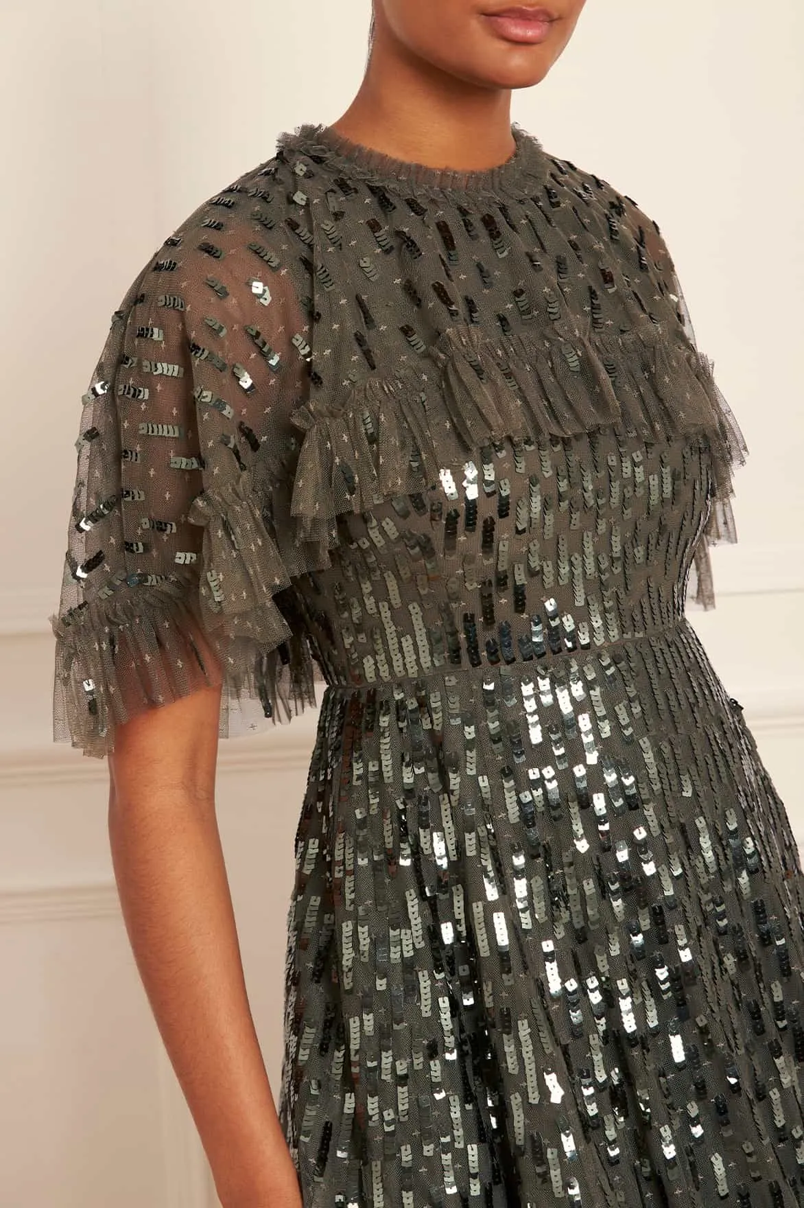 Fringe-Detail Everyday Layers Sequin Dash Cape Ankle Gown
