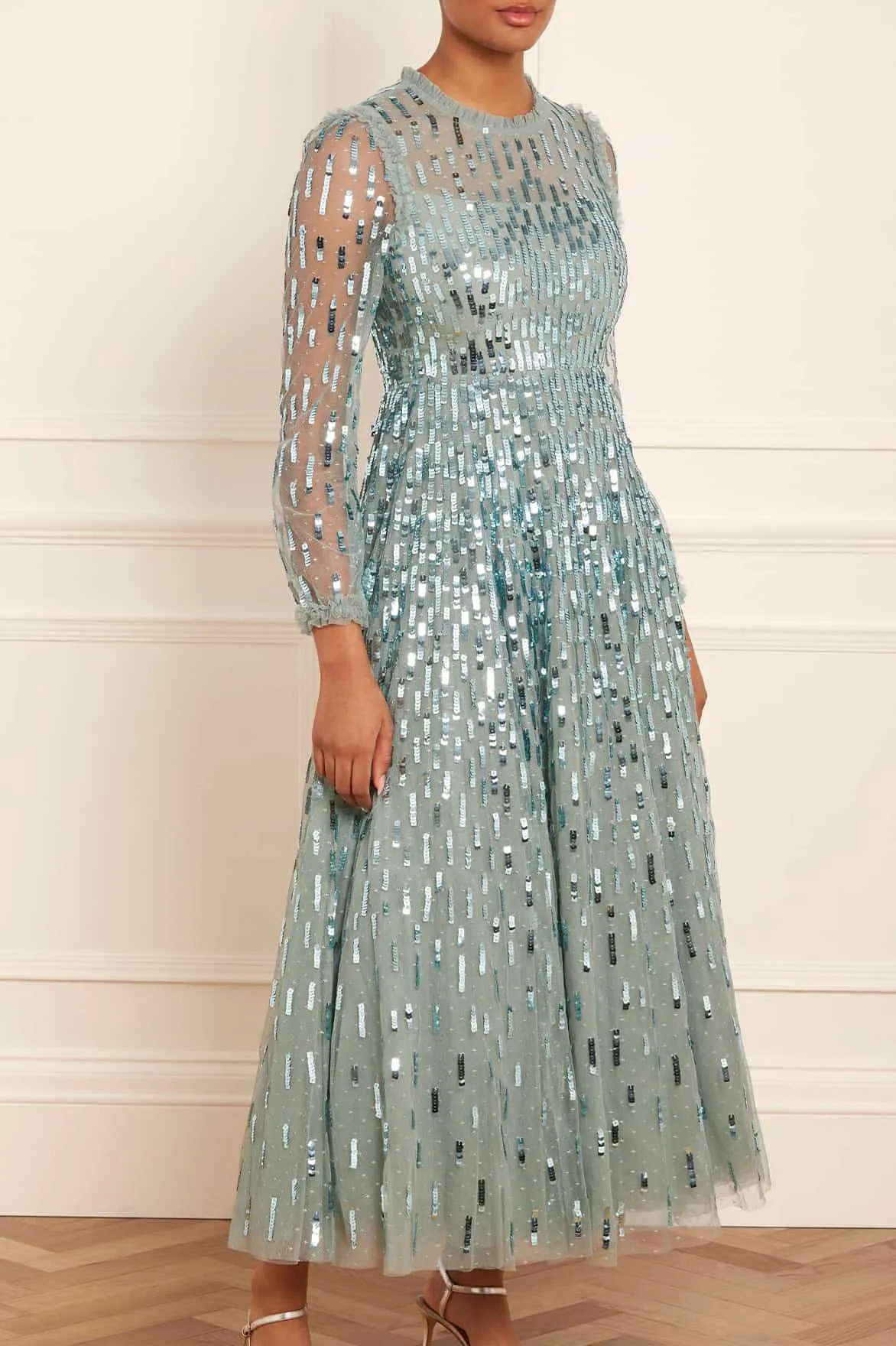 Sequin Dash Long Sleeve Ankle Gown Charming Style
