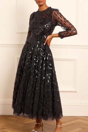 Casual Comfort Wear High low hem Sequin Dash Long Sleeve Gown