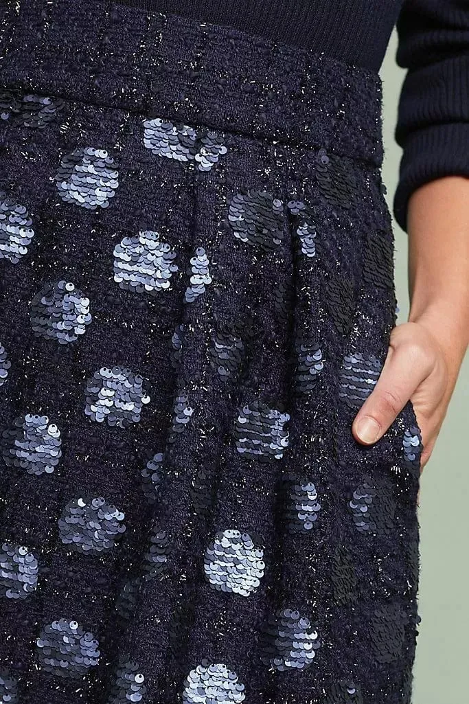 High End Quality Anti Pilling Fabric Sequin Navy Dot Mini Skirt