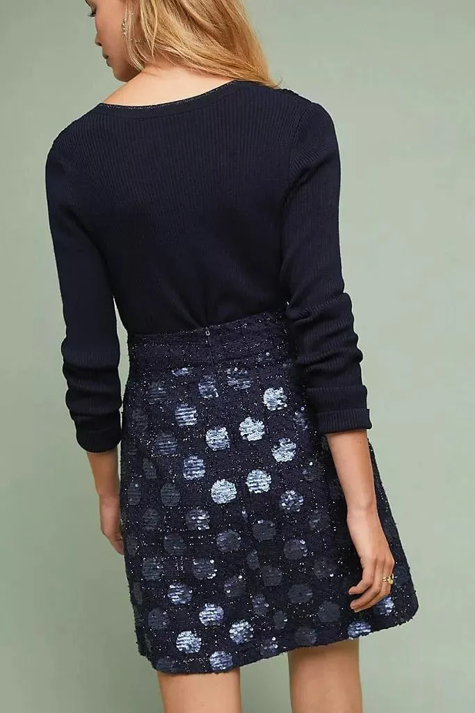 Mix Texture Sequin Navy Dot Mini Skirt