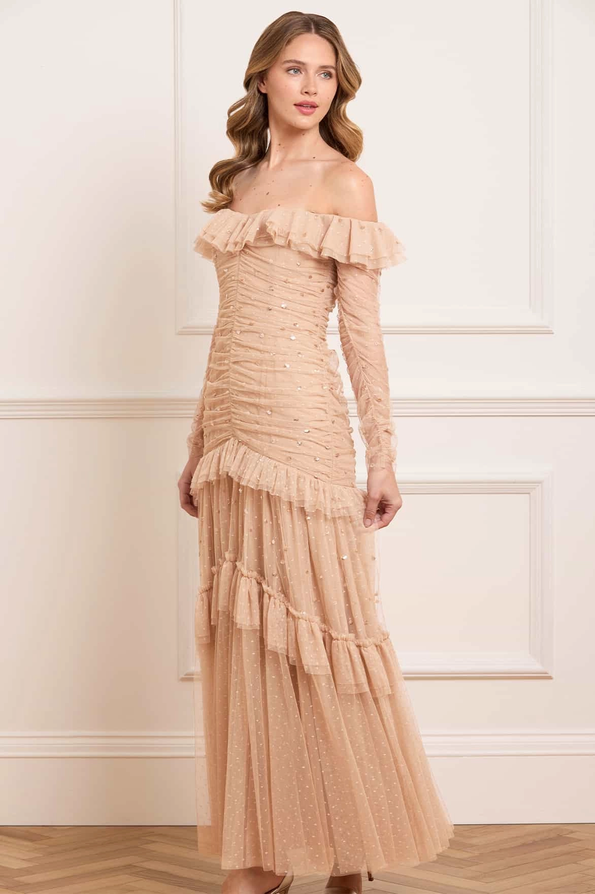 Sequin Glimmer Rouched Off-Shoulder Gown Youthful Style