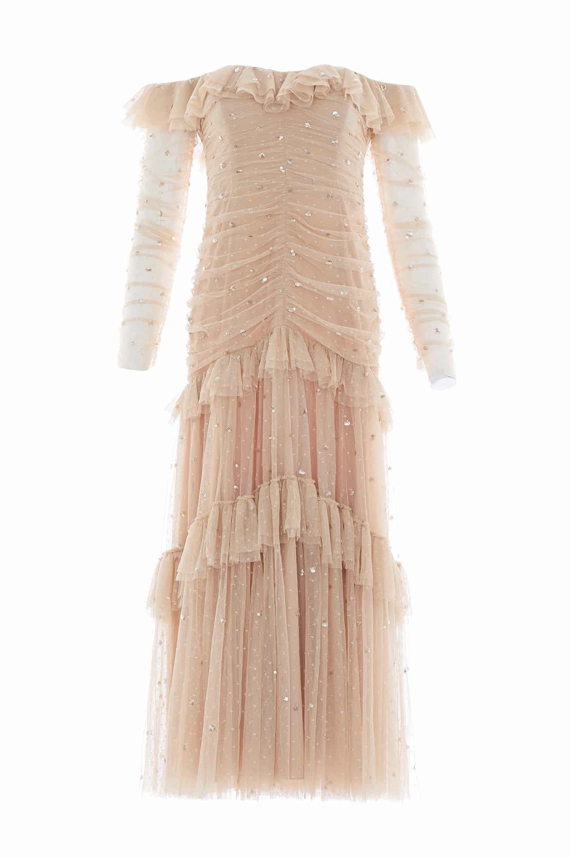 Modern Staple Sequin Glimmer Rouched Off-Shoulder Gown