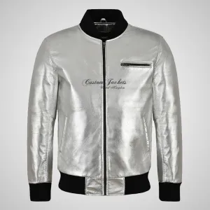 SEVENTIES 70’s SILVER Leather Bomber Jacket For Mens