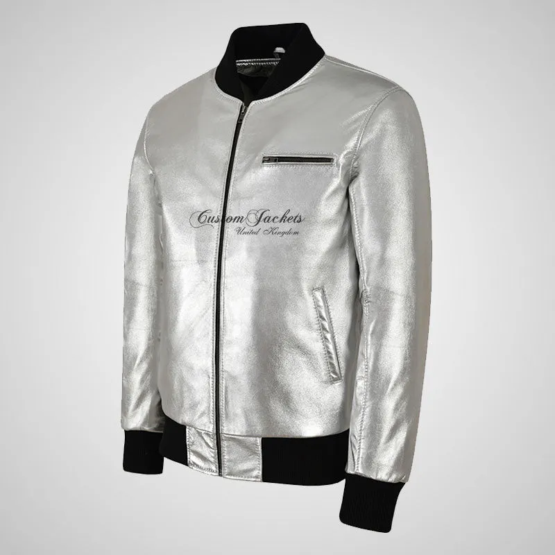 SEVENTIES 70’s SILVER Leather Bomber Jacket For Mens
