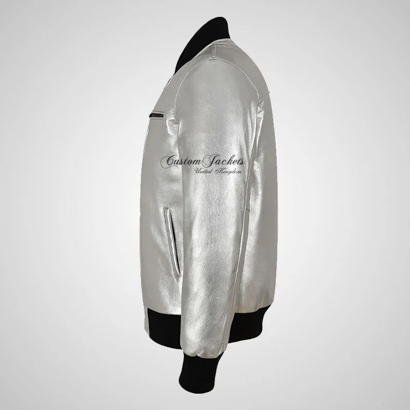 SEVENTIES 70’s SILVER Leather Bomber Jacket For Mens