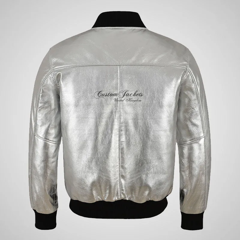 SEVENTIES 70’s SILVER Leather Bomber Jacket For Mens