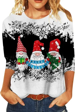 SHAOBGE Women's Christmas Series Printed Round Neck Middle Sleeve Contrast Casual T Shirt Ladies Zippe Sweaters