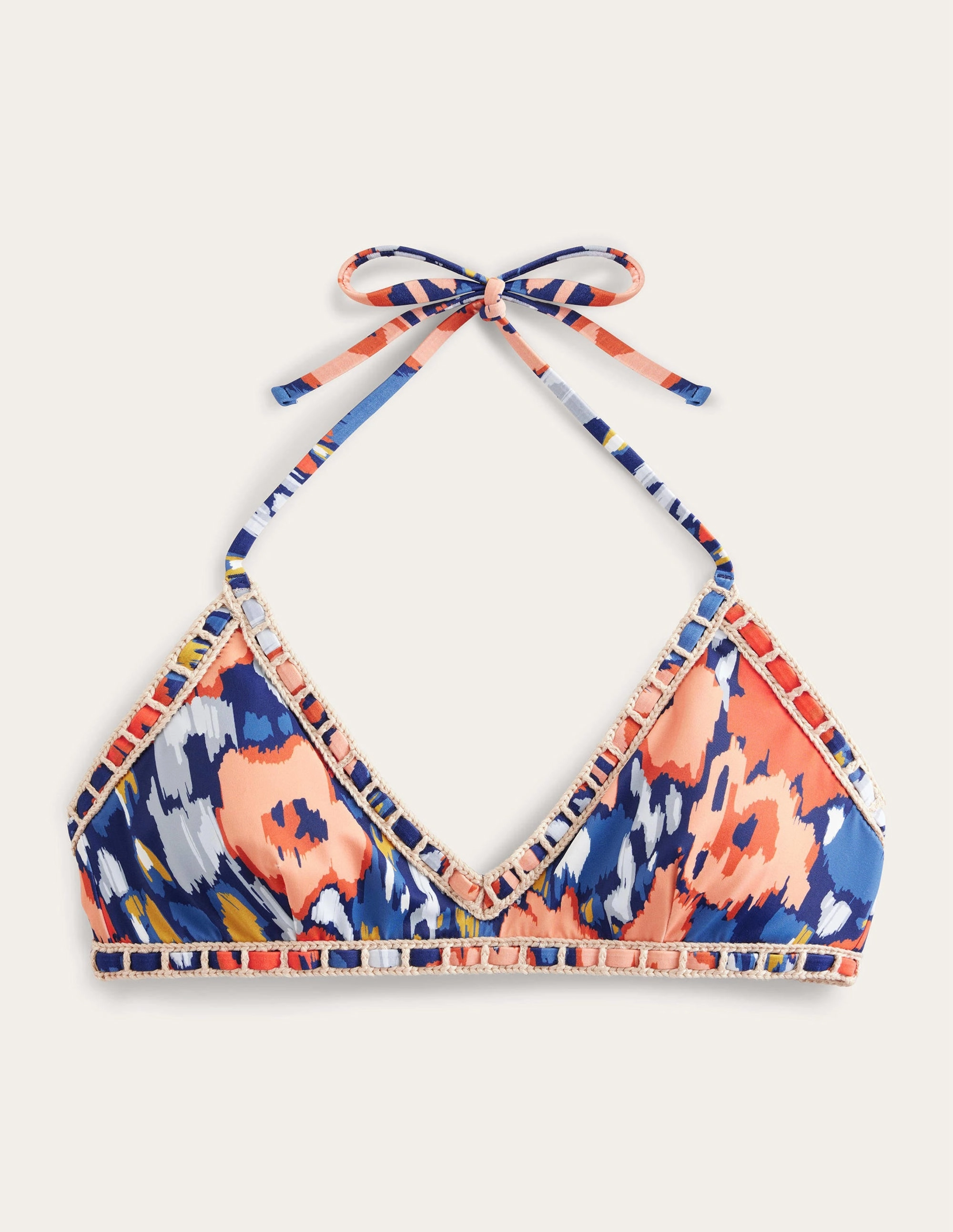 Vacation Swimwear Crochet Trim Bikini Top-Navy, Abstract Poppy