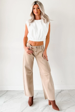 Stain Resistant Treatment Always Next To Me Mid Rise Barrel Jeans (Vintage Khaki)