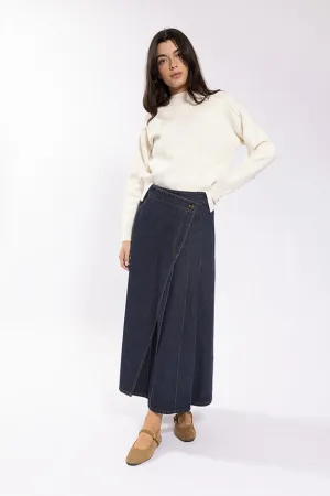 Maple Cliff Denim Mock Wrap Skirt MC5787 Push Button Closure